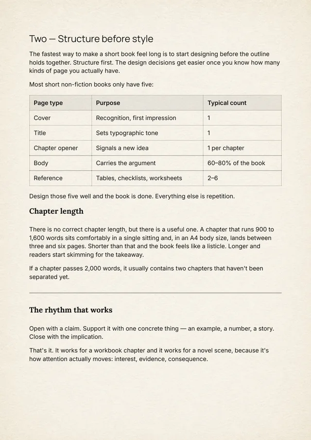 A chapter page of the sample book, with a table